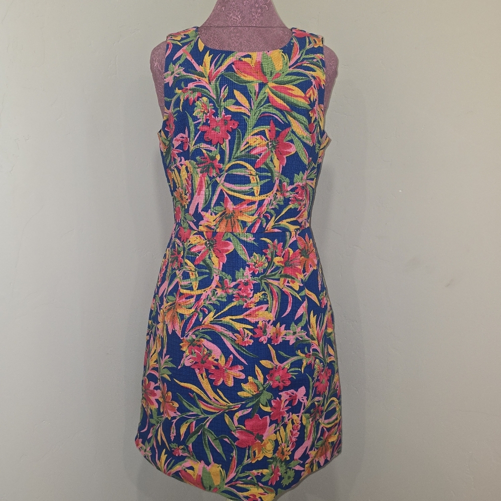 J Crew Floral Pleated Shift Dress Size 10 Blue Pink Green Yellow Career Party